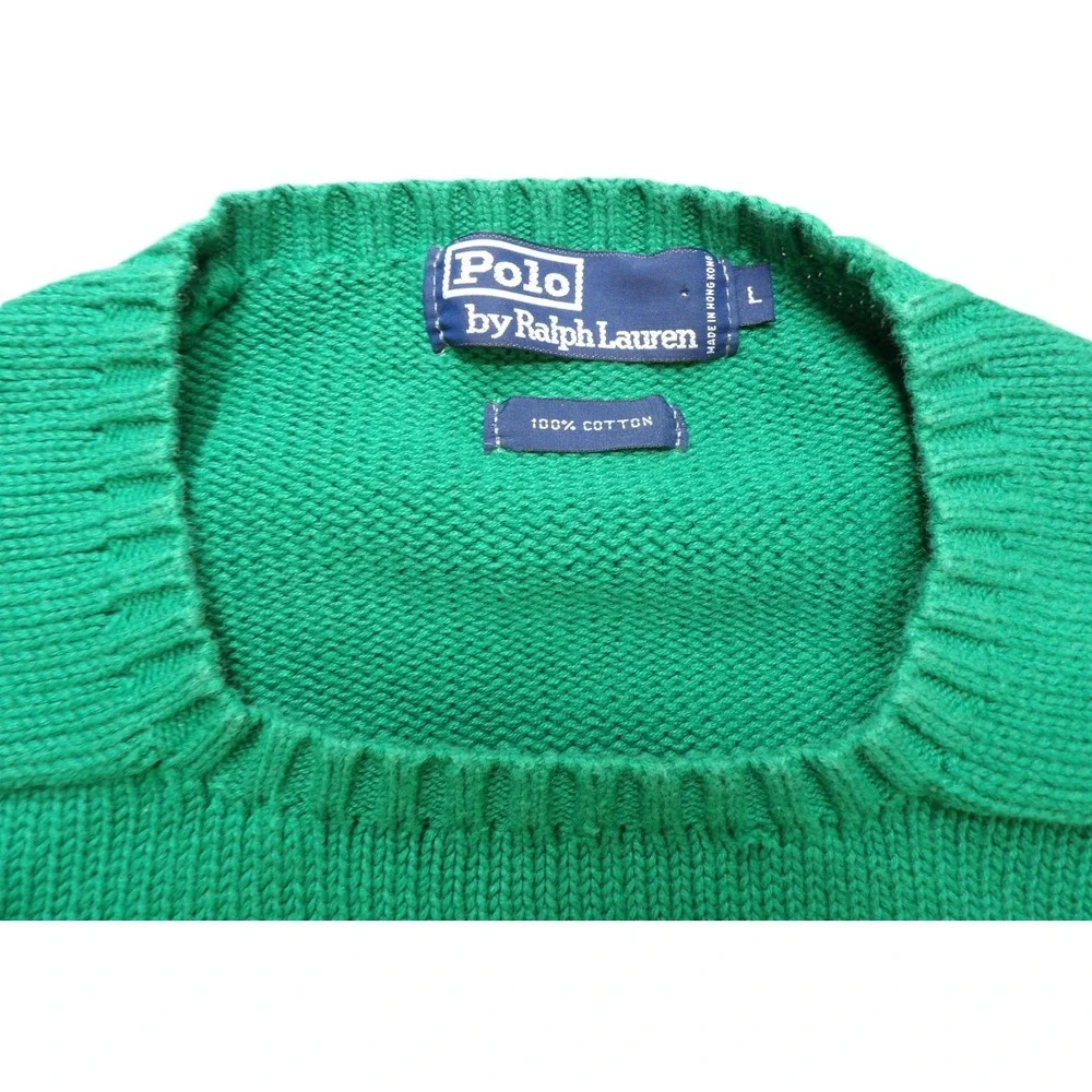 VTG Polo Ralph Lauren Crewneck Sweater Heavy Cotton Knit Men Large Green Pony 90